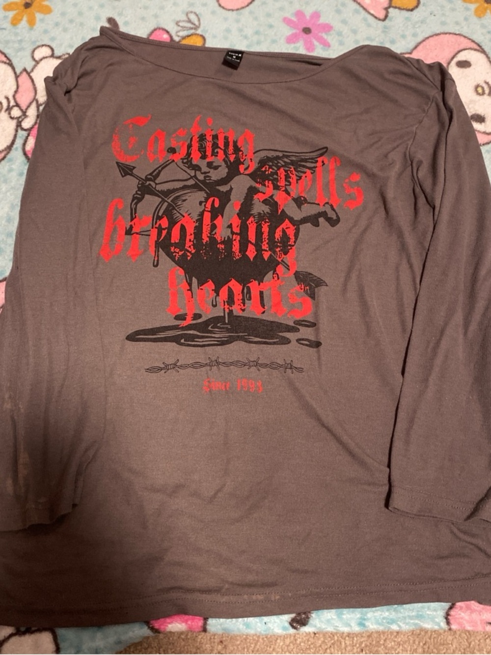 Grey Long Sleeve Tee with Red & Black Graphic Print
